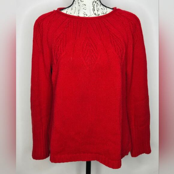 CHAPS Womens Red Cable Knit Sweater Size L Long Sleeve Side Slits Boat Neck - Picture 1 of 9